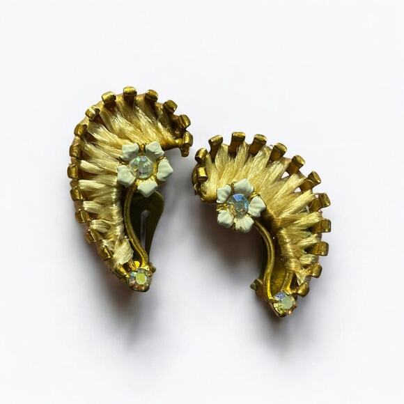 Vintage Raffia Thread Wrapped Gold Tone Aurora Borealis Clip On Earrings Austria - Picture 2 of 4